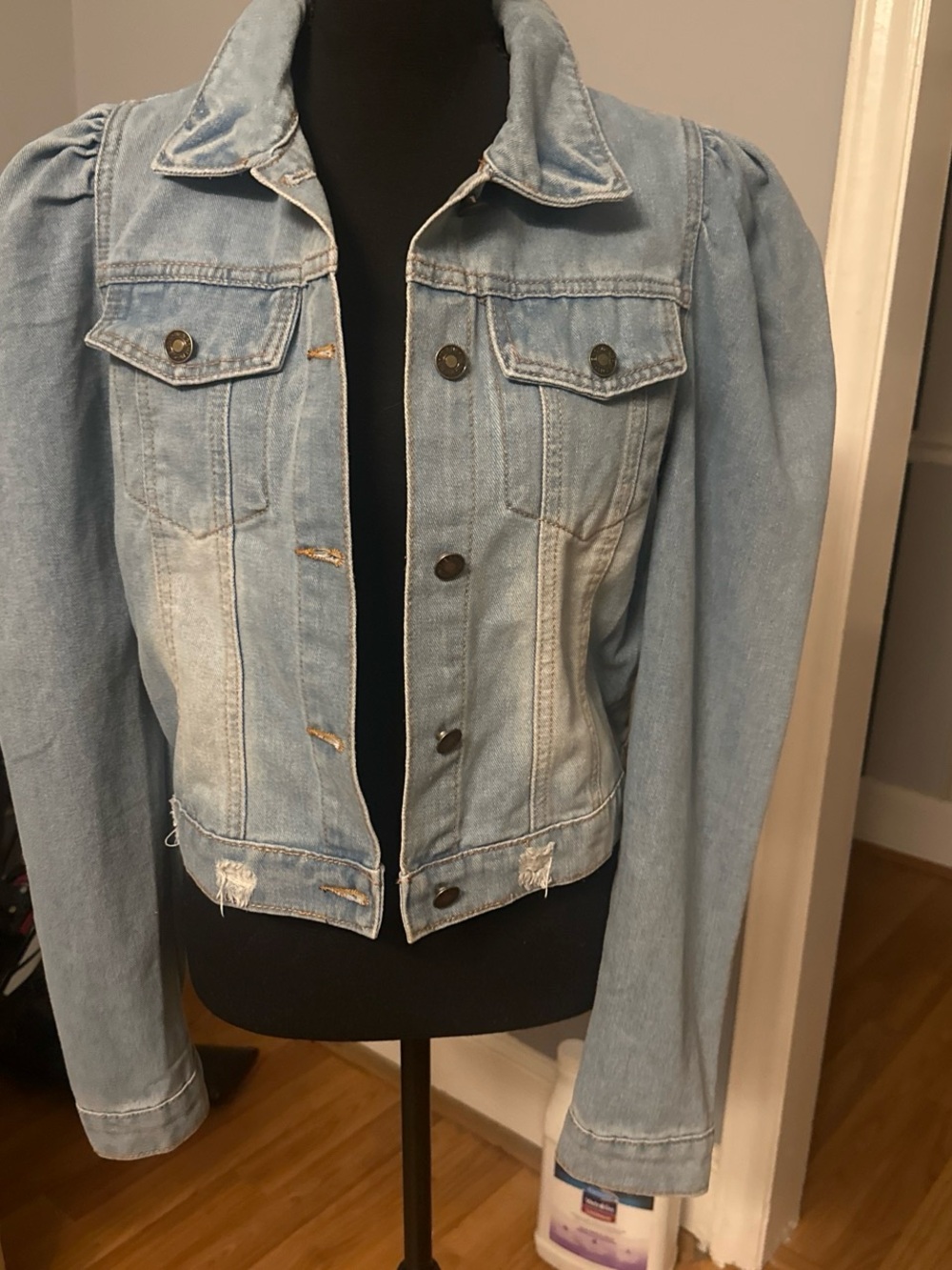 Light Blue Denim Jacket for Women - Puff Shoulder